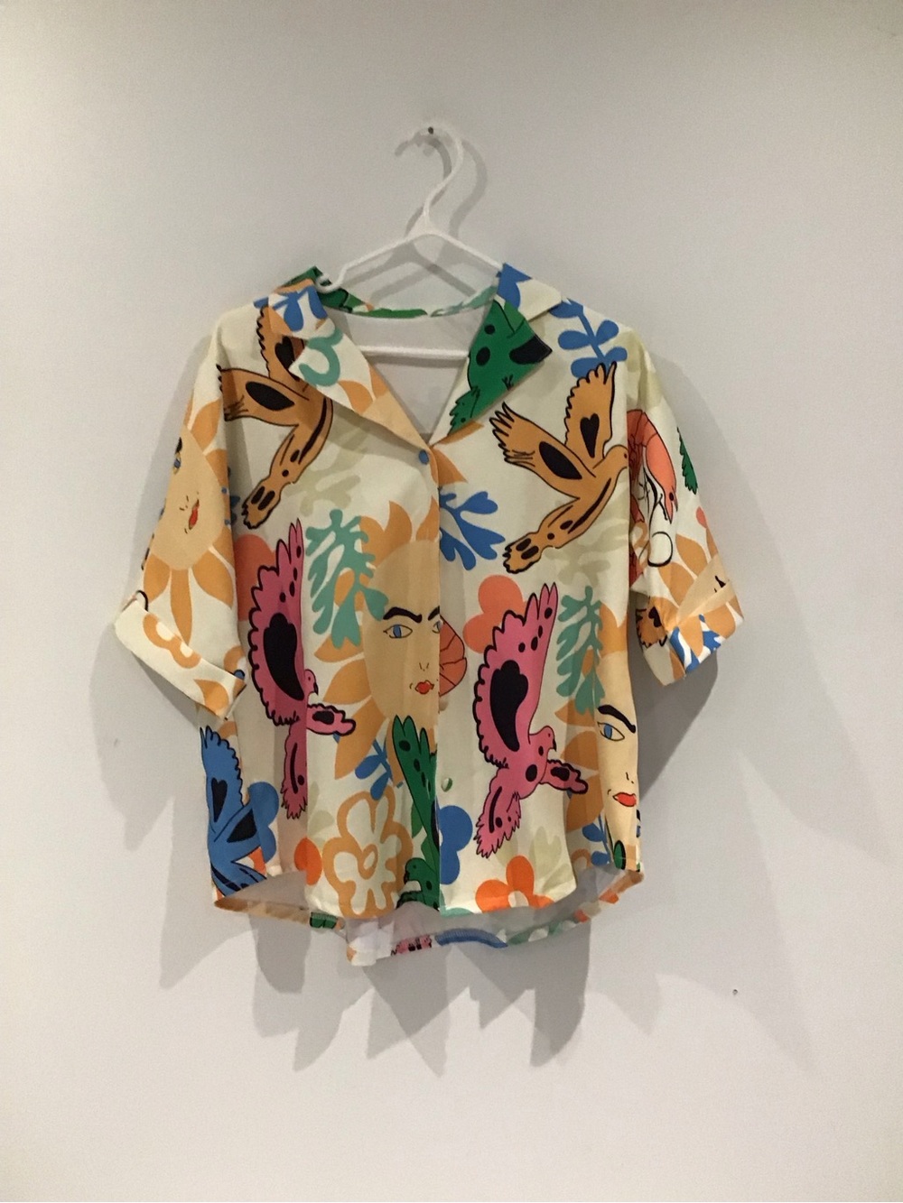 Abstract Floral & Bird Print Short Sleeve Shirt - Multicolor